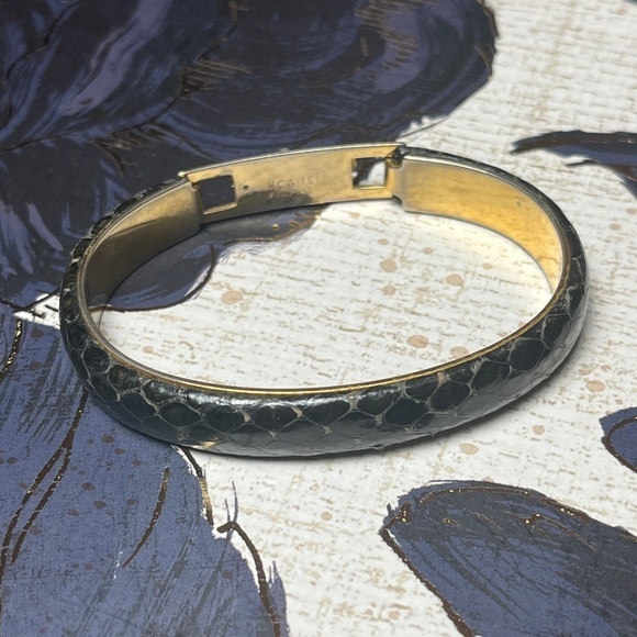 Vintage Gold Tone And Black Textured Leather Cuff Bracelet By Sca-Tel Firenze B3